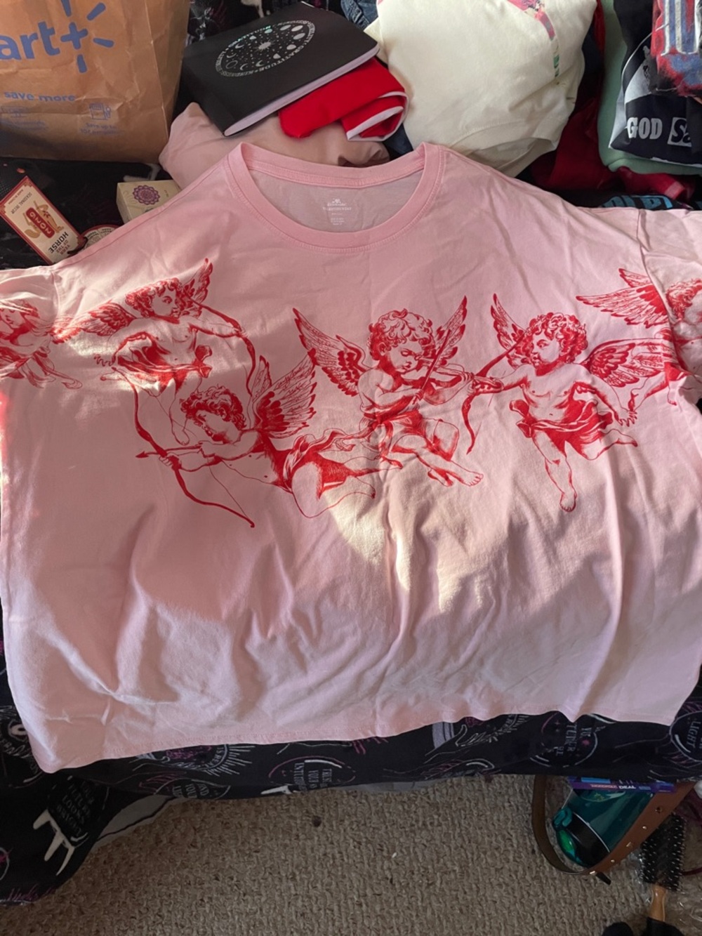 Women's Pink Short Sleeve Tee with Red Cherub Graphic
